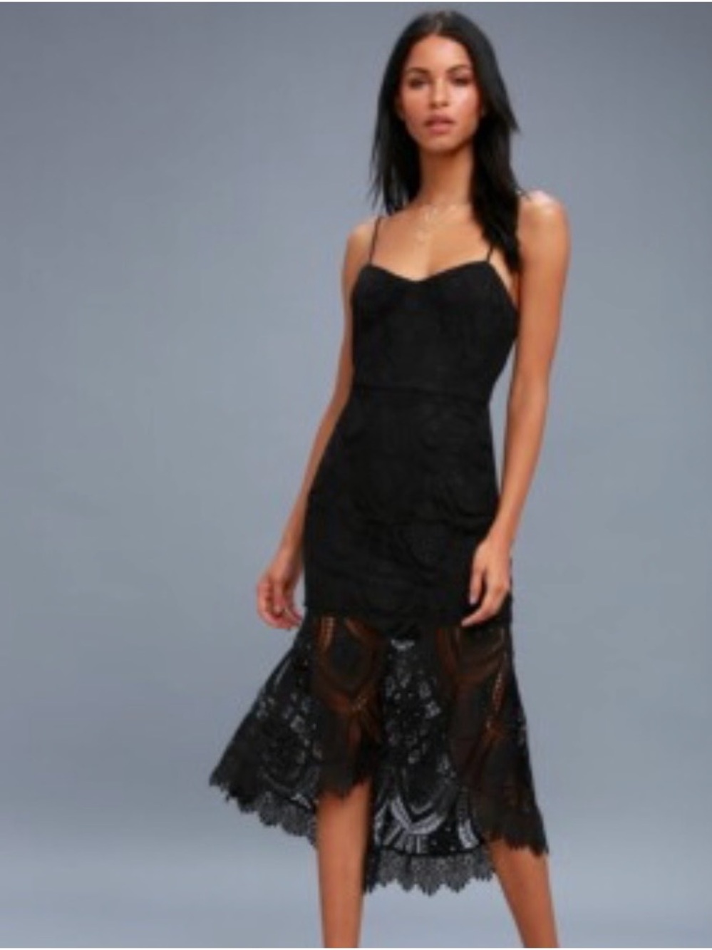 Strappy Black Lace Midi Dress with Sheer Lace Skirt, size Large whimsy Goth.